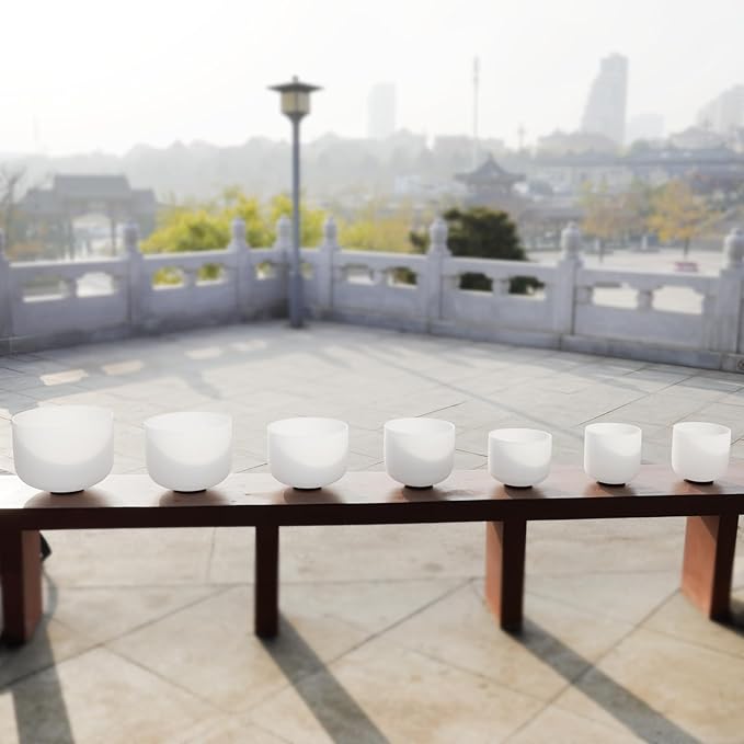 KVKA 6-12 Inch 432hz Crystal Bowls Set of 7Pcs C D E F G A B with Carrying Cases and Suede Stickers,O-Ring for Yoga Sound Healing