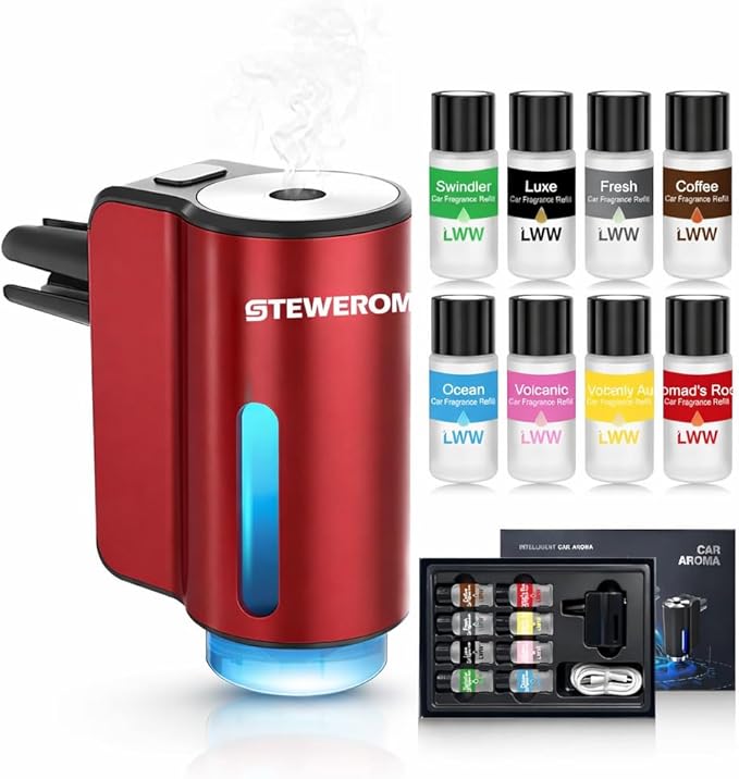 Car Air Freshener - Smart Adjustable 3-Speed Intensity, Rechargeable Humidifier Car Essential Oil Diffuser - Comes with 8 Bottles of 10ml Perfume (Red) - Bloomnest