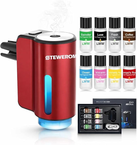 Car Air Freshener - Smart Adjustable 3-Speed Intensity, Rechargeable Humidifier Car Essential Oil Diffuser - Comes with 8 Bottles of 10ml Perfume (Red) - Bloomnest