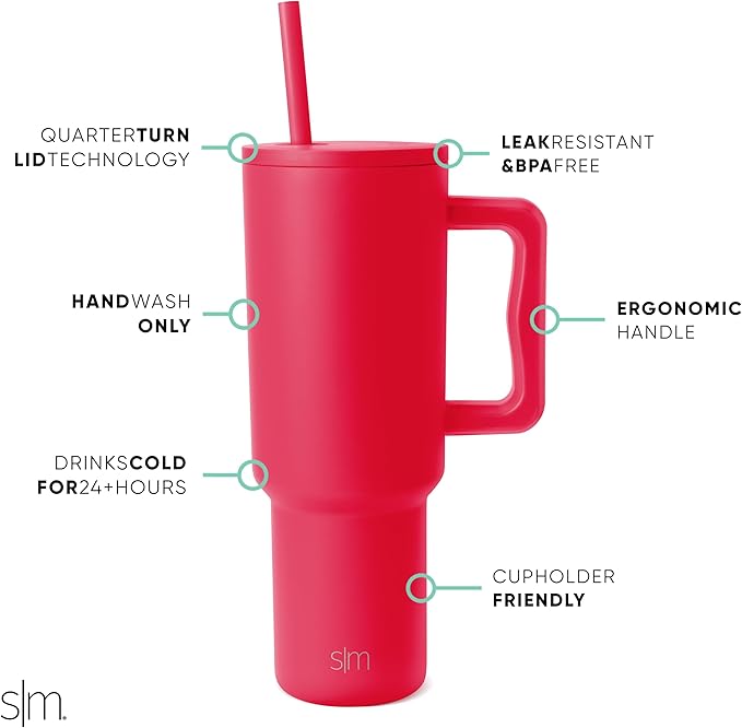 Simple Modern 40 oz Trek Tumbler with Handle and Straw Lid | Cup Holder Friendly Insulated Stainless Steel Travel Mug | Ember Red SimpleModern