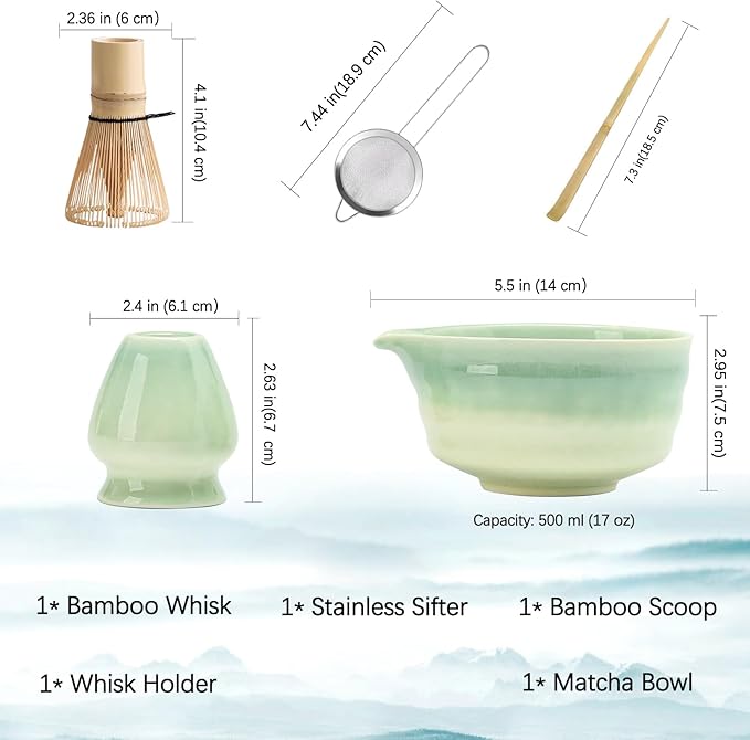 Japanese Matcha Set, Matcha Bowl with Spout, Matcha Whisk and Holder, Bamboo Matcha Scoop and Stainless Steel Sifter - 5 Pcs Gradient Green Matcha Kit for Matcha Lover - Bloomnest
