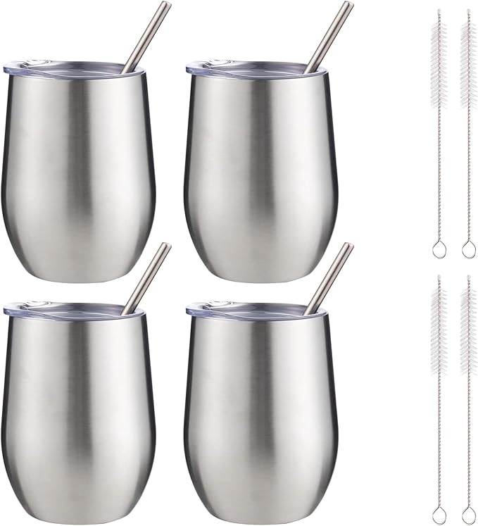 12 oz Insulated Wine Tumbler with Lid and Straw,Stainless Steel Stemless Wine Tumbler Glasses Double Wall Vacuum Wine Cups Tumbler Bulk for Coffee,Cocktail,Office(Silver,4) - Bloomnest