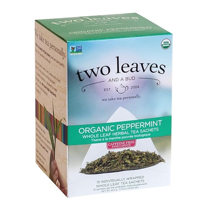 Two Leaves and a Bud Organic Peppermint Tea Bags, Naturally Caffeine Free, Herbal Whole Leaf Peppermint Tea in Compostable Sachets, 15 Count (Pack of 1) - Bloomnest
