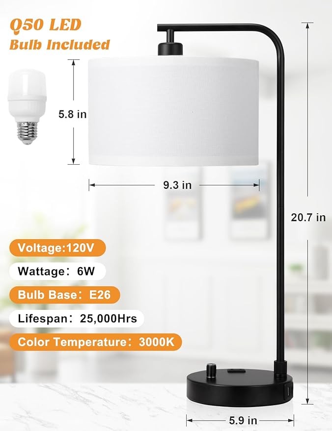 White Side Table Lamp with USB Port and Outlet, Dimmable Nightstand Bedside Lamps with Linen Lampshade, Desk Lamp for Bedroom, Living Room, Guest Room, Home Office, LED Bulb Included - Bloomnest