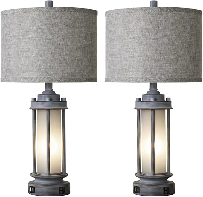 Set of 2 Rustic Table Lamps for Living Room, Farmhouse Vintage Nightstand Lamp with 2 USB Ports, Antique Retro Light Green Glass Night Light for Bedroom Entryway, 4 Bulbs Included - Bloomnest