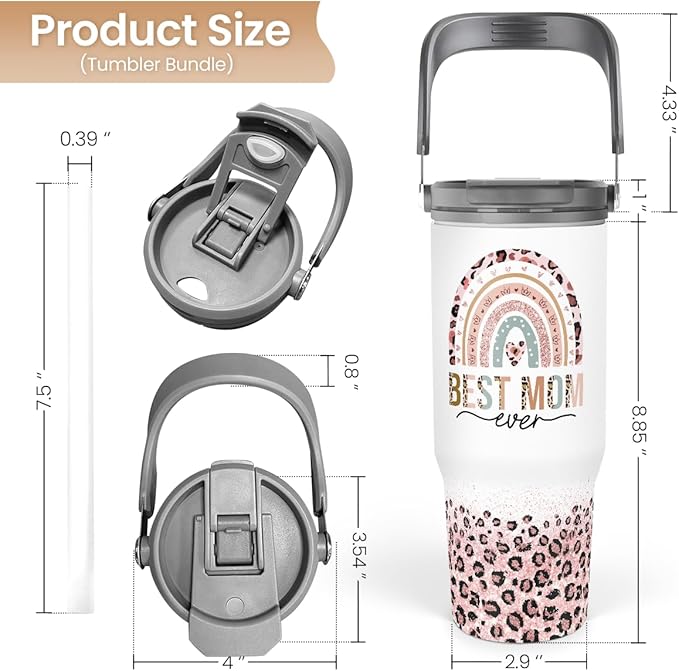 Mom Tumbler 30oz, Best Mom Ever Tumbler Stainless Steel Insulated Coffee Travel Mug with Handle & Flip Straw Lid, Gifts for Mommy, Presents for Mom for Christmas Birthday Mothers Day Valentines - Bloomnest
