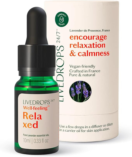 LIVEDROPS 24/7 Relaxed Lavender Essential Oil, Natural Vegan Aromatherapy for Diffuser or Diluted Skin Use, Calming Floral Herb Scent, Made in France, Bottled in USA, Clinically Tested, 10ml - Bloomnest