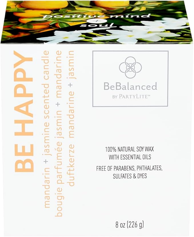 PartyLite Be Happy Mandarin + Jasmine Jar Candle, 40-50 Hour Burn Time, Uplifting Lemon, Eucalyptus, Ginger, Amber, and Musk Scented Soy Wax, Aromatherapy for Joy and Positivity - Bloomnest