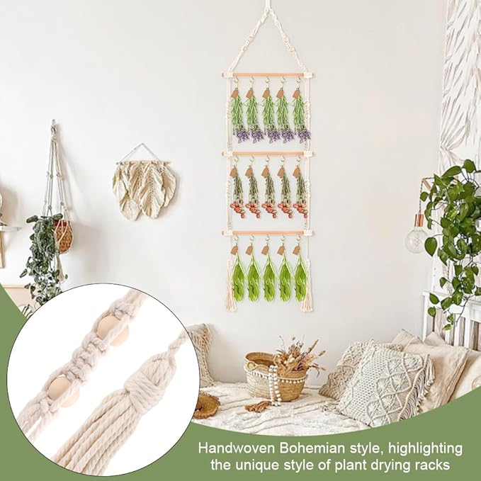 3-Tier Hanging Herb Drying Rack, Includes 25 Gift Tags & 32ft Natural Jute Twine, Handwoven Hanging Herb Dryer Rack Plant Hanger for Drying Herbs, Flowers, Sage(COLOR:Beige) - Bloomnest