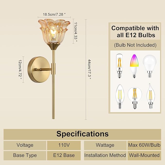 2 Pack Gold Wall Sconce with Modern Amber Glass Shades, Modern Mid Century Bathroom Vanity Wall Light Fixtures, Industrial Brushed Brass Wall Lamp, for Bedroom Mirror Living Room, ETL Listed - Bloomnest