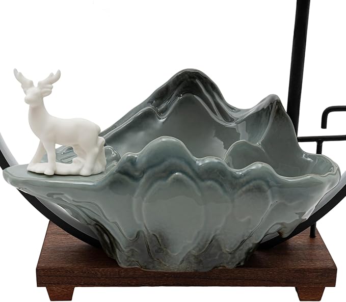 Waterfall Fountain with LED Light, Desktop Water Fountain with Mist Maker & Backflow Incense Burner, Green Ceramic Base with White Deer, Zen Indoor Fountain Decor for Home Office Desk