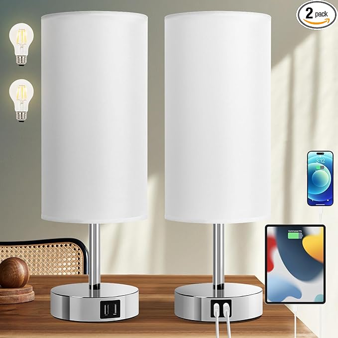 Yarra-Decor Bedside Lamps with USB Port - Touch Control Table Lamp for Bedroom 3 Way Dimmable Nightstand Lamp Set of 2 with Round White Fabric Shade for Living Room, Dorm, Home Office (White, 2 Pack) - Bloomnest