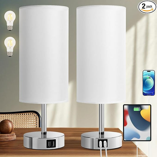 Yarra-Decor Bedside Lamps with USB Port - Touch Control Table Lamp for Bedroom 3 Way Dimmable Nightstand Lamp Set of 2 with Round White Fabric Shade for Living Room, Dorm, Home Office (White, 2 Pack) - Bloomnest