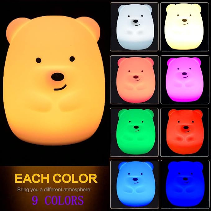 Large Bear Night Light for Kids, Silicone nightlights Bedside Table Lamps Baby Bedroom Lighting Nursery Children's Bed Lights - Eye Caring, Adjustable Brightness & Color, Time Setting - Large - Bloomnest