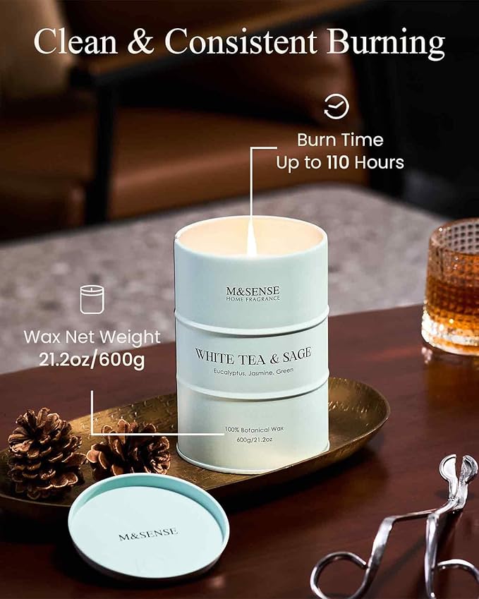 M&SENSE White Tea Sage Scented Candles Large, Natural Soy Candles 21.2oz 120 Hour Slow Burning,Aromatherapy Candle for Stress Relief Meditation Relaxing - Bloomnest