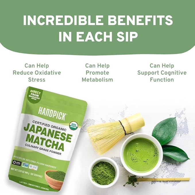 HANDPICK Japanese Organic Matcha Green Tea Powder (100 Servings) - Authentic Premium Second Flush Harvest | Resealable Ziplock Pouch - Bloomnest