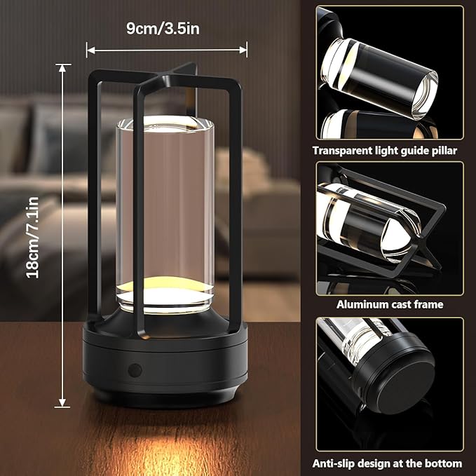 Cordless Portable Table Lamp Rechargeable for Indoor/Outdoor, 3000mAh Small Battery Powered Operated Lights, 3 Color Modes Dimmable Waterproof, LED Desk Lamp for Restaurant/Bedroom/Camping (Black) - Bloomnest