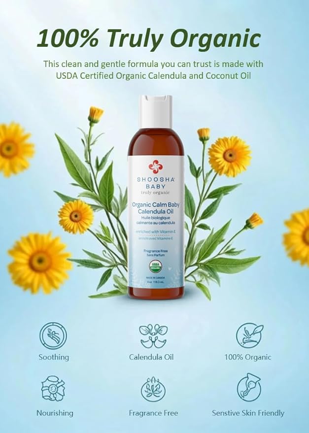 Shoosha Organic Calendula Oil Fragrance Free, for Babies, Real Calendula Oil, Calendula Massage Oil Moisturizer, Hypoallergenic, Gluten-Free, 100% Biodegradable - Bloomnest
