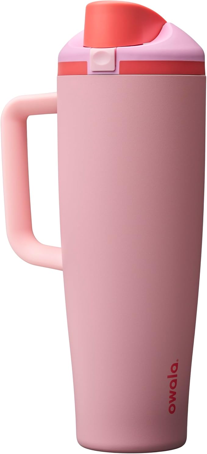 Owala FreeSip Tumbler Insulated Stainless Steel Water Bottle with Built-in Straw and Side Handle, For Travel, Work, School, and Sports, 40oz, BPA Free, Leak Proof, Angel Food Cake Owala