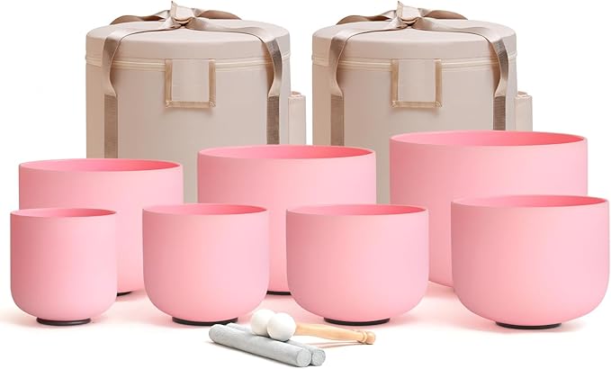 CVNC 432HZ 6-12 Inch Pink Color Frosted Quartz Crystal Singing Bowls Chakra Set of 7 with Carry Case Bags for Sound Healing and Meditation - Bloomnest