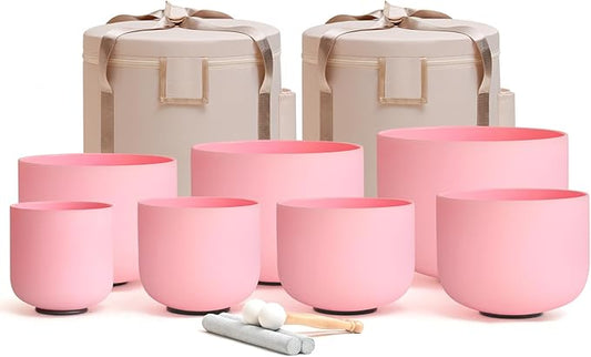 CVNC 432HZ 6-12 Inch Pink Color Frosted Quartz Crystal Singing Bowls Chakra Set of 7 with Carry Case Bags for Sound Healing and Meditation - Bloomnest