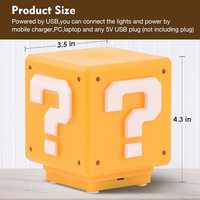 TLAOTNIY Super Bros Mini Question Block Night Lights - USB Powered Bedside Lamp with Game Sound Effects - Gift for Friends & Fans - Bloomnest