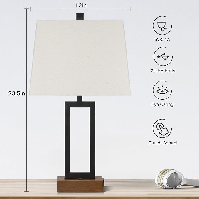 Table Lamp for Bedroom Set of 2 with 2 USB Ports and AC Power Outlet, 23.5" Modern Bedside Lamp, Wood Nightstand Lamp with Linen Shade for Living Room Hotel Desk(LED Bulb Included) - Bloomnest