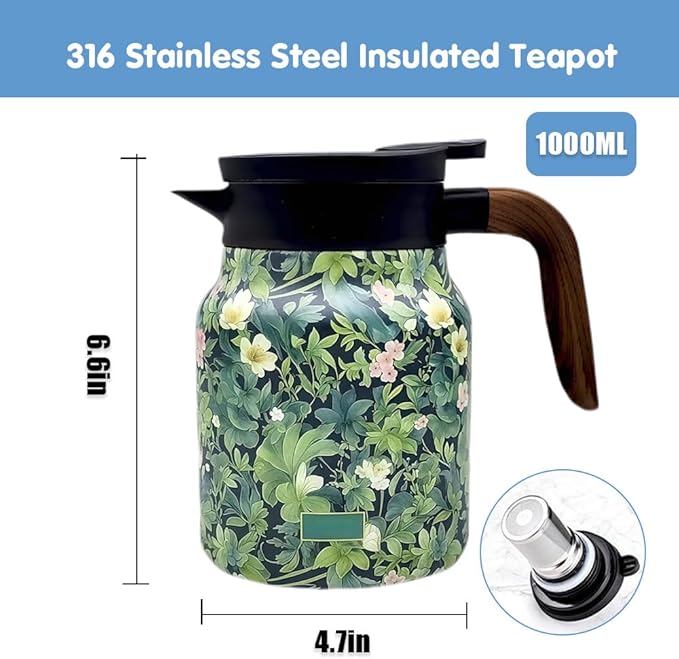 Vintage Floral Pattern Tea Pots – Built-in Infuser,Vintage Floral Teapot with Built In Infuser Stainless Steel Thermal Carafe with Lid for Hot Drinks(Wooden handle,35oz)