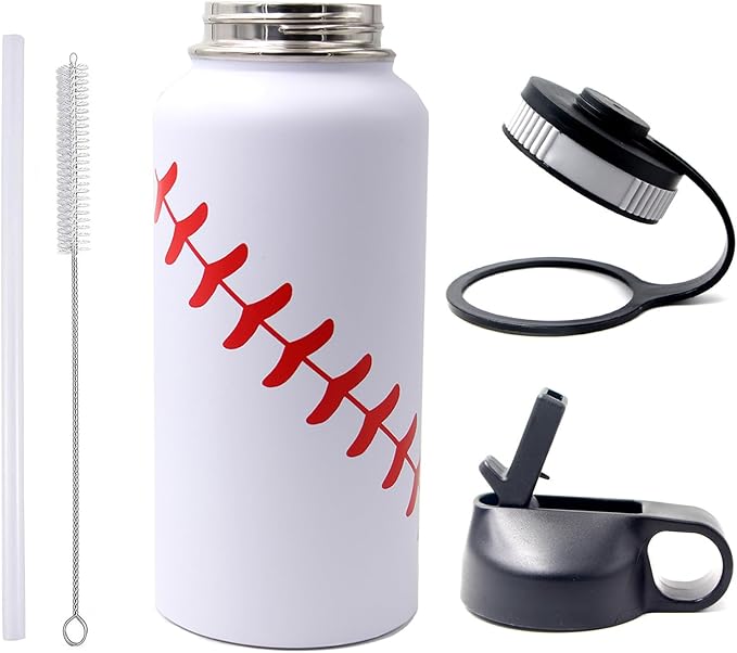 32 oz Baseball Water Bottle, Wide Mouth Sports Flask Metal Travel Tumbler with 2 Lids, Stainless Steel Double Wall Vacuum Insulated Thermo Water Bottles, Baseball Accessories Gifts for Mom Boys Girls - Bloomnest