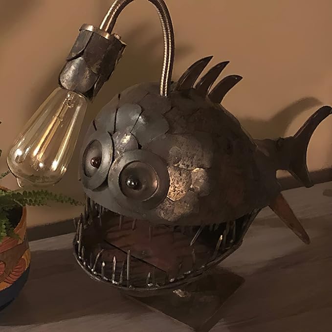 CAFELE Rustic USB Angler Fish Lamp, Shark Lamp Steampunk Style Table Lamp, Simulation Flame LED Bulbs Lights, Handmade Night Lights, Book Lights, Industrial Creative Decor for Home/Office (Medium) - Bloomnest