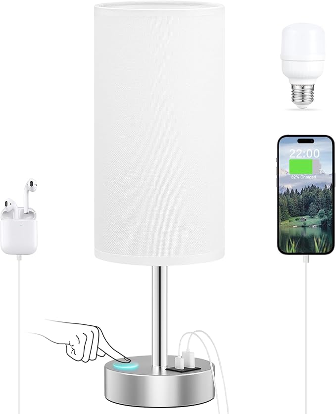 Dicoool White Touch Bedside Lamp with USB - 3 Way Dimmable Table Lamp for Bedroom, Nightstand Lamp with Nickel Charging Station and Silver LampHolder for Dorm Kids Room, Small - Bloomnest