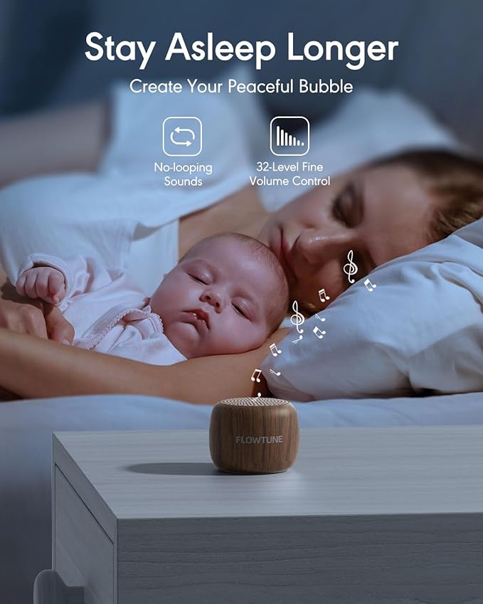 Sound Machine Flowtune White Noise Machine for Baby Adults, Mini Portable Sound Machine for Travel, 6H Timer, 18 Soothing Sleep Sounds Gift (Wood Grain) - Bloomnest