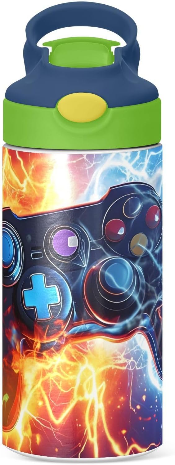 Game Controller Fire Electric Spark Kids Water Bottle with Straw Lid Insulated Tumbler with Handle Stainless Steel Reusable Toddlers Cup for Kids Boys 12 oz - Bloomnest