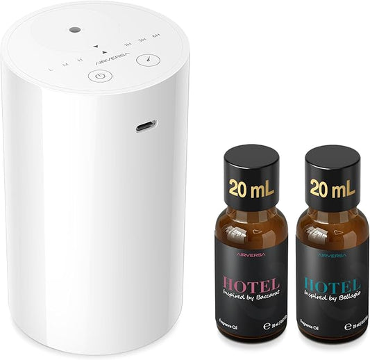 Airversa Waterless Essential Oil Diffuser Starter Kit with 2x20mL Hotel Fragrance Oils, Cordless Nebulizer for Car Home Office, Up to 600 sq ft, Mist/Timer Settings, Baterry Operated, AN8Kit-3, White - Bloomnest