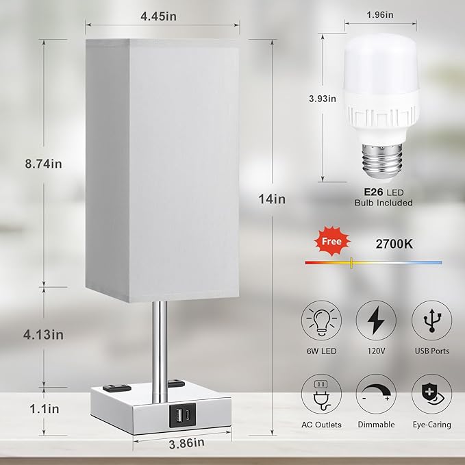 【Upgraded】Bedside Table Lamp Touch Control, with USB C+A Charging Ports & Dual AC Outlets, 3-Way Nightstand Lamp for Bedroom with LampShade Living Room Office(LED Dimmable Bulb Included) - Bloomnest