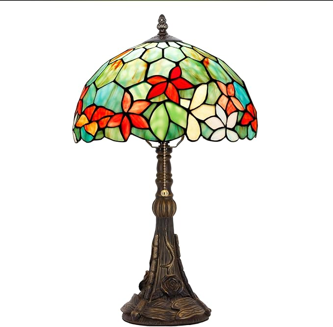 Tiffany Stained Glass Table Lamp 12X12X19 Inch Green Red Flowers Style Desk Bedroom Living Room Reading Light (Red Flowers Style) - Bloomnest