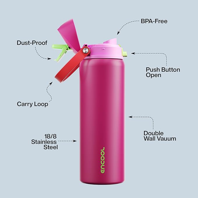 Insulated Water Bottle with Straw - Encool Stainless Steel Water Bottle with Push Button Lid, Leak-Proof & BPA-Free, Keeps Cold for 24 Hours for Sports, Travel, Gym (32 oz, Cerise Pink) ENCOOL