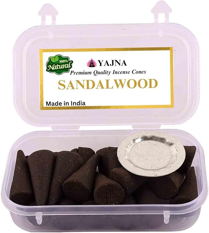 Yajna Sandalwood 100%-Natural-Incense-Cones Handmade-Hand-Dipped Organic-Chemicals-Free for-Purification-Relaxation-Positivity-Yoga-Meditation The-Best-scents (20 Count) Yajna