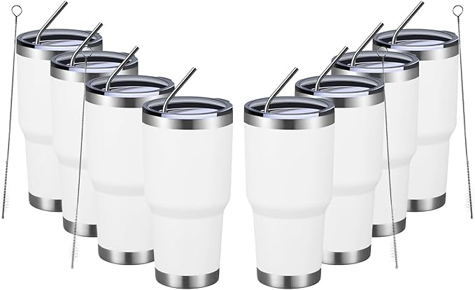 MEWAY 30oz Insulated Tumbler With Lids and Straws,Stainless Steel Double Vacuum Coffee Tumbler Cup, Brush, Durable Powder Coated Coffee Cup for Cold & Hot Drinks, Office, Travel(White,8 PACK) - Bloomnest