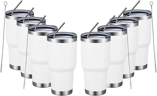 MEWAY 30oz Insulated Tumbler With Lids and Straws,Stainless Steel Double Vacuum Coffee Tumbler Cup, Brush, Durable Powder Coated Coffee Cup for Cold & Hot Drinks, Office, Travel(White,8 PACK) - Bloomnest