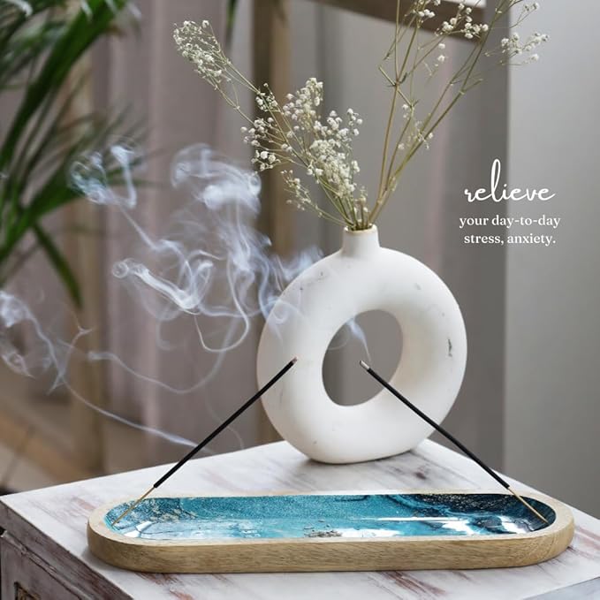 The Art Box Hand-Painted Incense Burner Holder Ocean Blue - 12x4x1 inch Wooden Long Incense Stick Tray Holder for Modern Gift, Ash Catcher Incense Stick Holder - Meditation & Yoga - Bloomnest