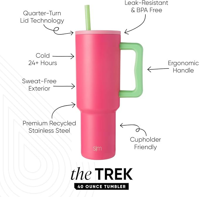 Simple Modern 40 oz Trek Tumbler with Handle and Straw Lid | Cup Holder Friendly Insulated Stainless Steel Travel Mug | Watermelon Splash SimpleModern