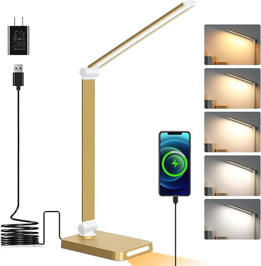 LED Desk Lamp with USB Ports,Touch Desk Lamps for Home Office with 5 Color Modes,3 Brightness Desk Light with Small Night Light,Reading Lamp Table Lamp for Bedroom Bedside Study Gold （with Adapter） - Bloomnest