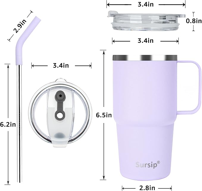 Sursip 24 oz Insulated Cup with Handle, Double Wall Vacuum Stainless Steel Tumbler with Straw and 2 Lids, For Cold/Hot Drinks, Coffee Travel Mug for Car/Home/Office/Party/Camping (Lilac-1 Pack) - Bloomnest