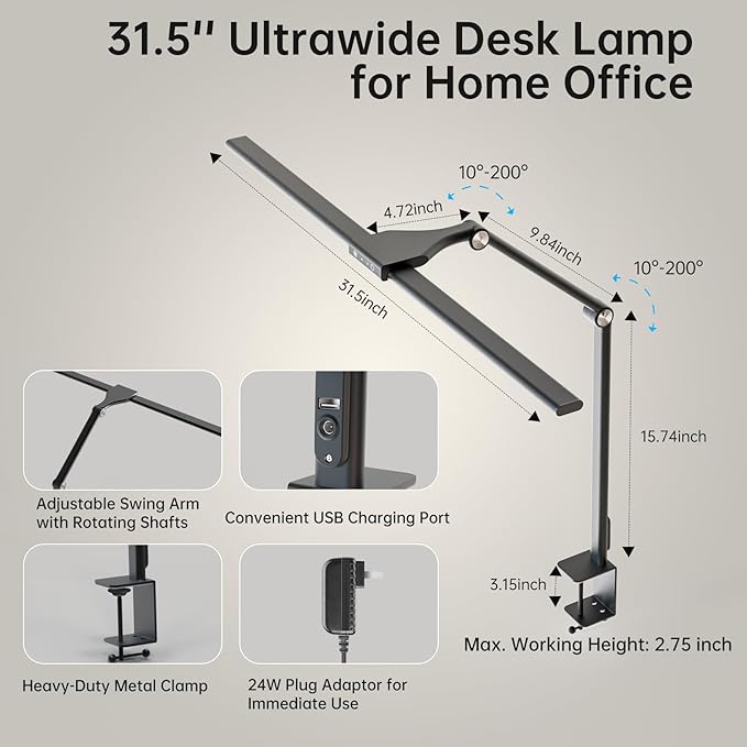 LED Desk Lamp for Home Office, 24W Eye-Caring Reading Light with Clamp, USB Charging Port, 7 Brightness 5 Color Mode, Memory Function, Auto-Off Timer, Swing Arm Architect Table Lamp for Study - Bloomnest