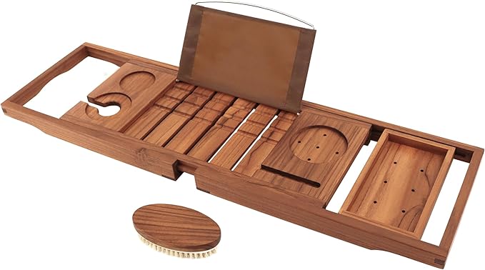 VaeFae Premium Teak Bathtub Tray, Expandable Wooden Bath Tray for Tub, Luxury Bathtub & Bathroom Accessories, Great House Warming, Anniversary & Wedding and Birthday Gifts (Free Teak Body Brush) - Bloomnest