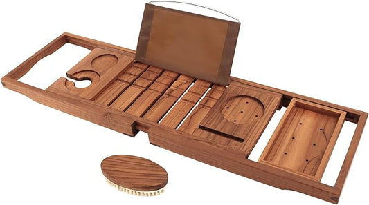 VaeFae Premium Teak Bathtub Tray, Expandable Wooden Bath Tray for Tub, Luxury Bathtub & Bathroom Accessories, Great House Warming, Anniversary & Wedding and Birthday Gifts (Free Teak Body Brush) - Bloomnest