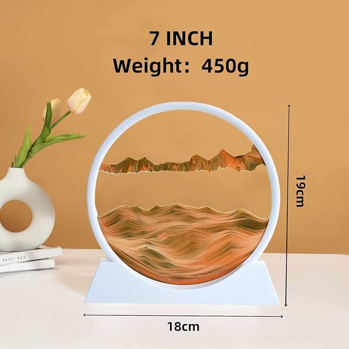 BGFJYUK Moving Sand Art Picture in Motion, Round Glass 3D Deep Sea Sandscapes with Display Flowing Sand Frame for Relaxing Desktop Home Office Work Décor for Kids Adults (White Frame Orange,7inch) - Bloomnest