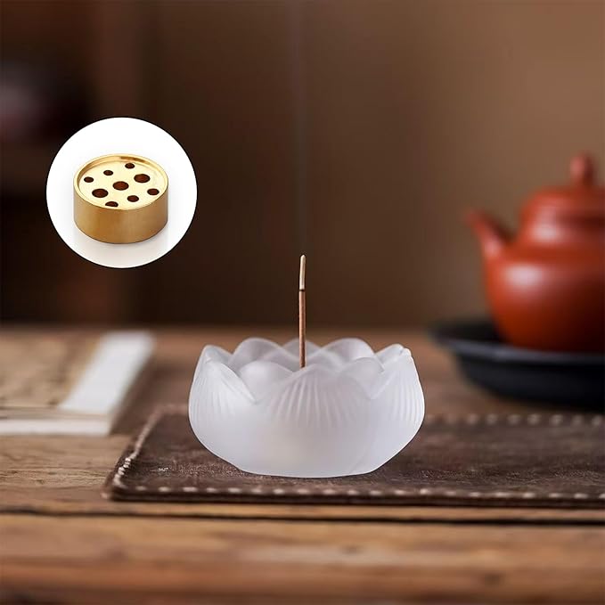 MIUPOO Lotus Incense Holder,Lotus Glass Incense Burner,with 9 Holes Brass Incenses Plug,Stick Insence Holder,Coil Incenses Burner,Yoga and Meditation Lovers,1 Picese. - Bloomnest