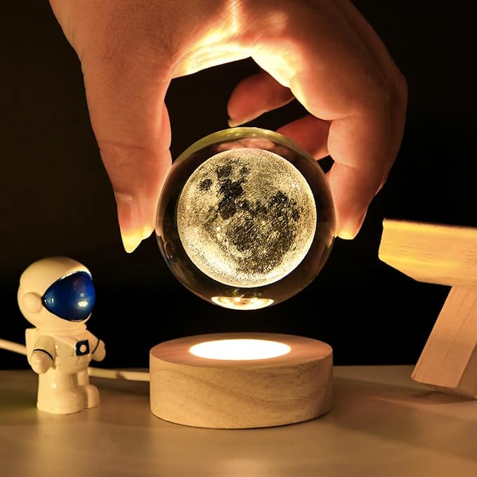 3D Moon Crystal Ball with LED Stand, Moon Figurine Decor Glass Sphere Lamp, Space Planet Globe Night Light Gifts for Women Men Mom Kids - Bloomnest
